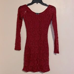 Long sleeve, lace, red wine colored mini dress by Wet Seal